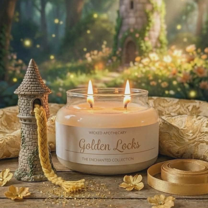 Candle labeled 'Golden Locks' in a fantasy-themed setting with a castle and fairy lights.