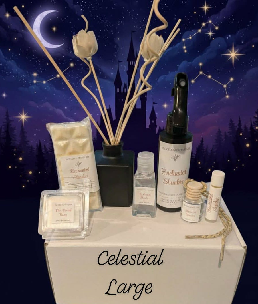 Cosmetic set with 'Celestial Large' label against a starry night sky background