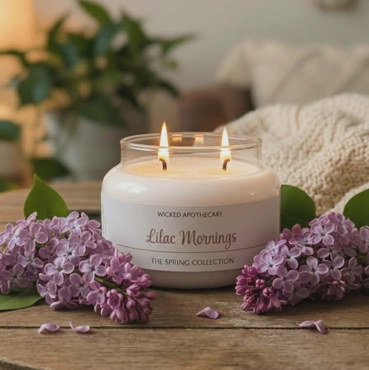 Wicked Apothecary Lilac Mornings candle on a wooden table with lilac flowers.