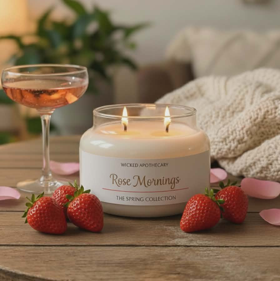Candle labeled 'Rose Mornings' from Wicked Apothecary on a wooden table with strawberries and a glass of rose.