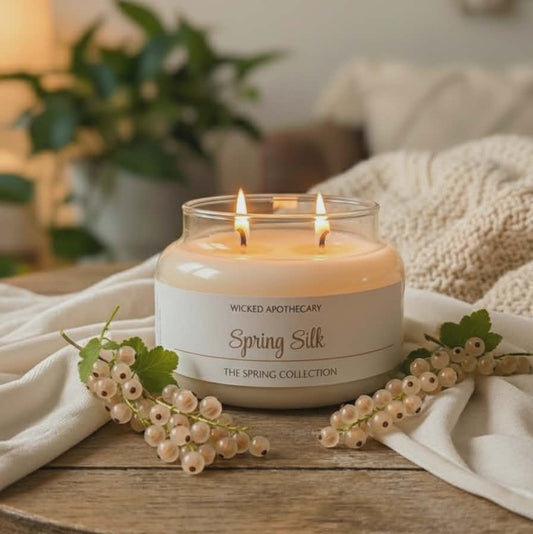 Wicked Apothecary 'Spring Silk' candle on a wooden table with decorative elements.
