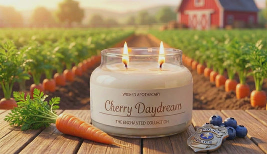 Candle labeled 'Cherry Daydream' on a wooden surface with carrots and a barn in the background