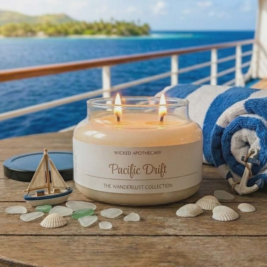 Wicked Apothecary Pacific Drift candle on a wooden table with ocean view