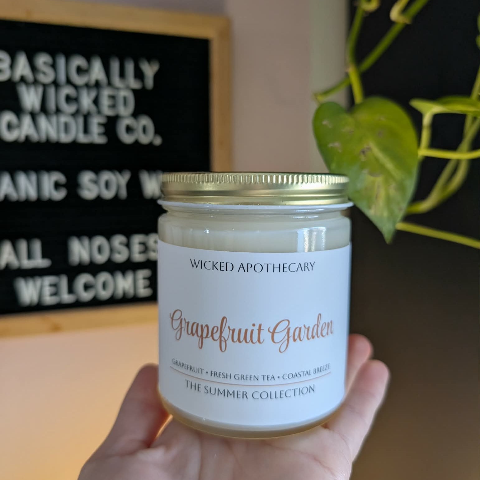 Hand holding a candle labeled 'Grapefruit Garden' by Wicked Apothecary in front of a store sign.