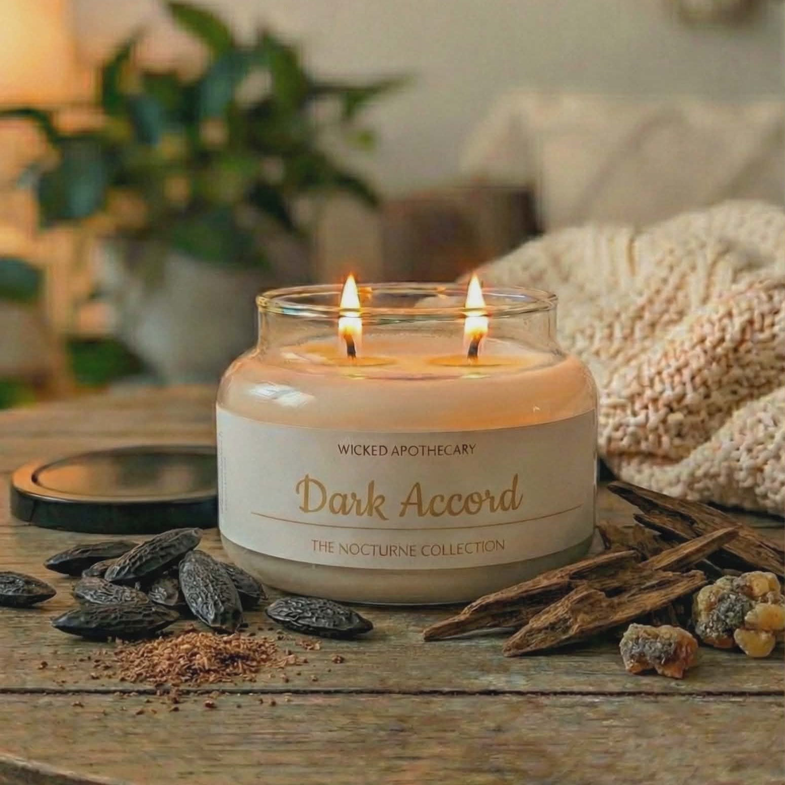 Candle labeled 'Dark Accord' on a wooden surface with dried fruits and a plant in the background