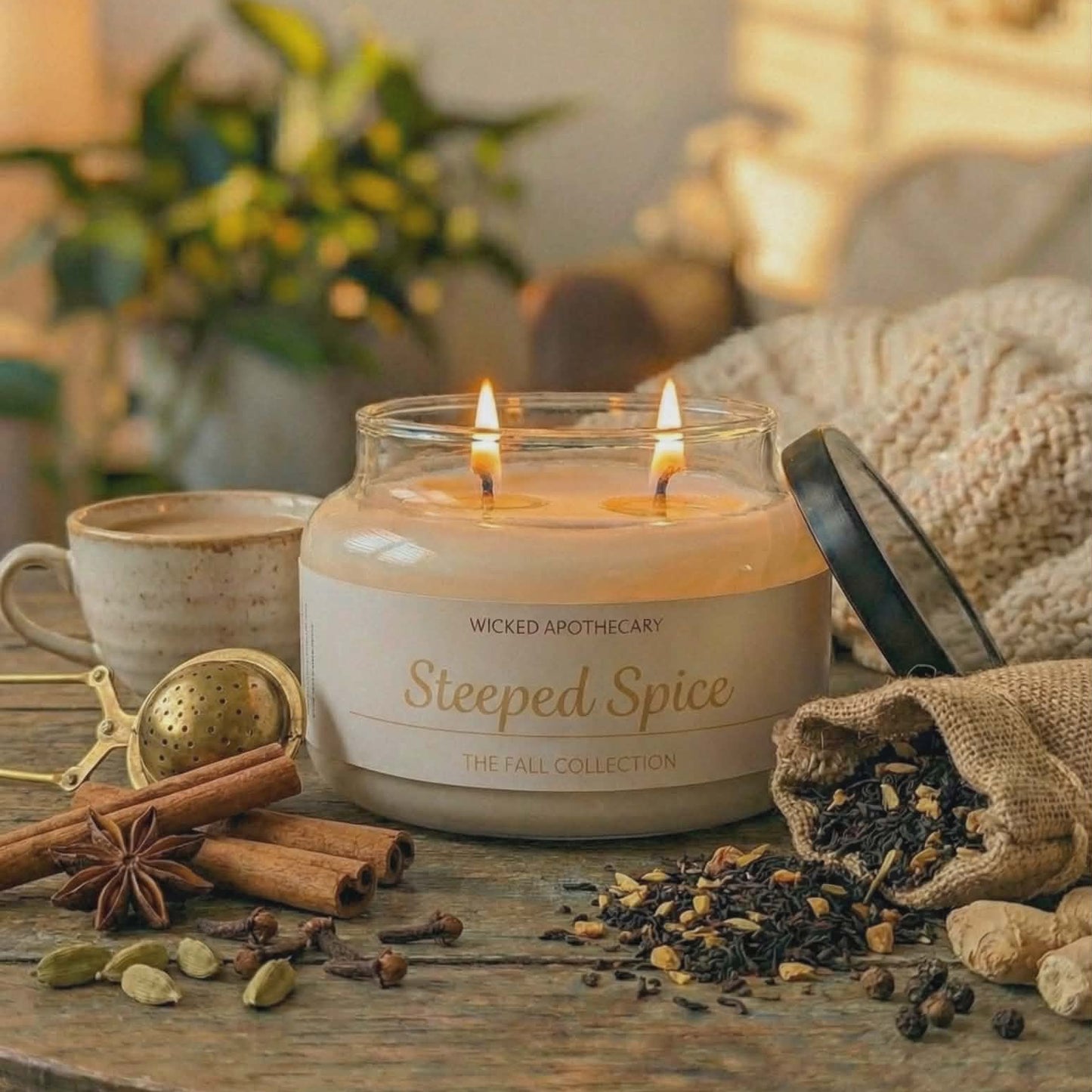Wicked Aromatics Steeped Spice candle on a wooden table with tea leaves, cinnamon sticks, and a mug.