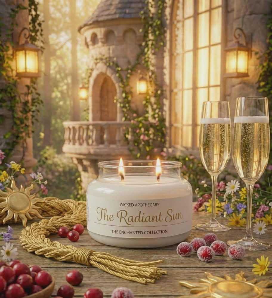 Candle labeled 'The Radiant Sun' on a wooden table with glasses of champagne and decorative items.