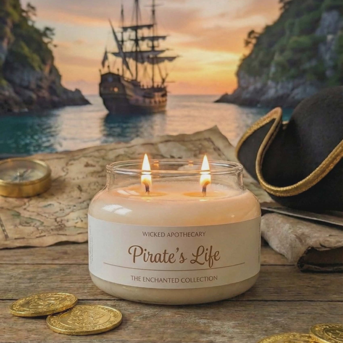 Candle labeled 'Pirate's Life' with a ship, map, and gold coins in the background