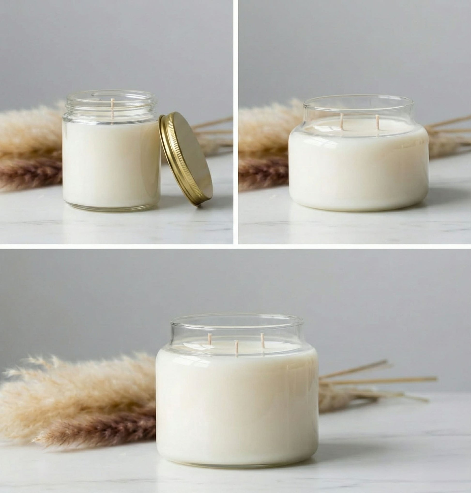 Collage of a candle in a glass jar with a gold lid, surrounded by dried plants on a light gray background.