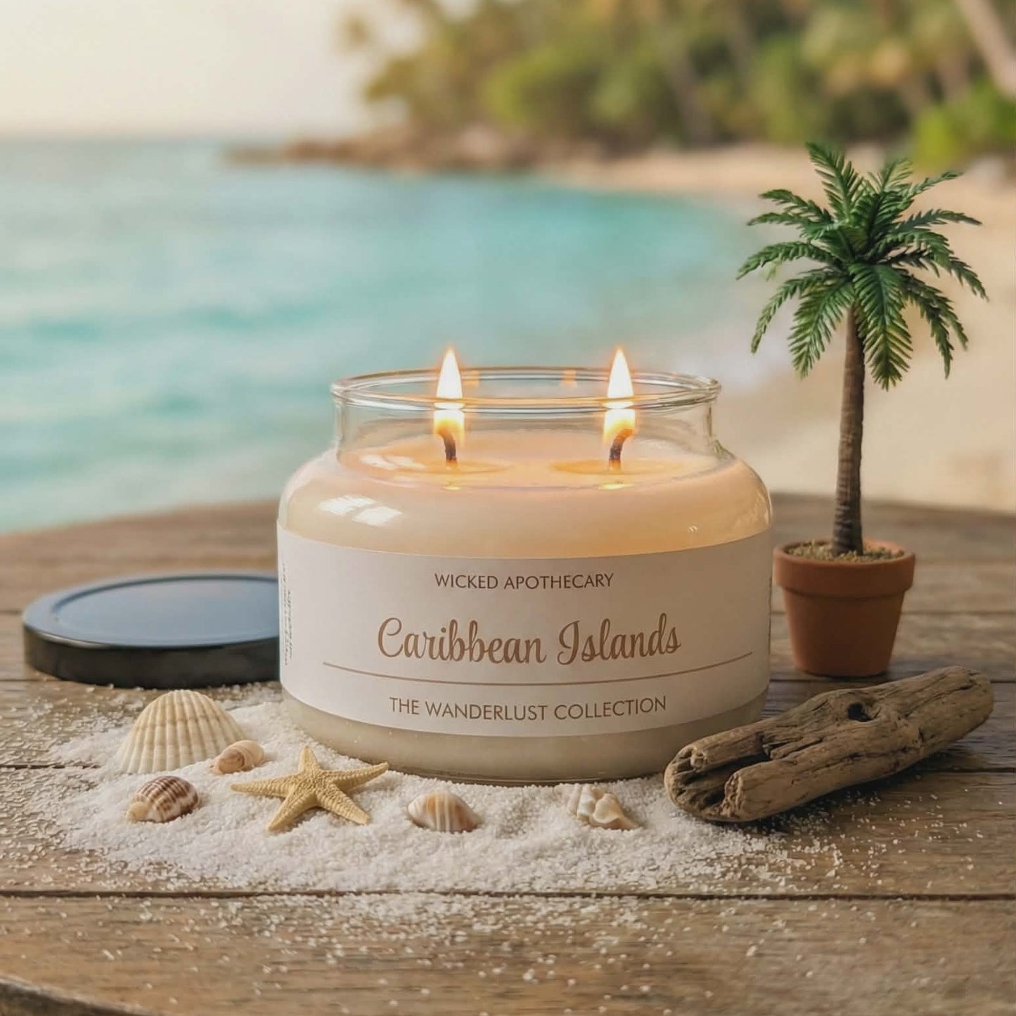 Candle labeled 'Caribbean Islands' on a wooden surface with beach decor