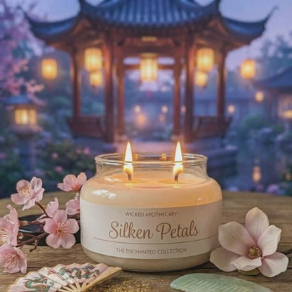 Candle in a jar labeled 'Silken Petals' with cherry blossoms and a traditional gazebo in the background.