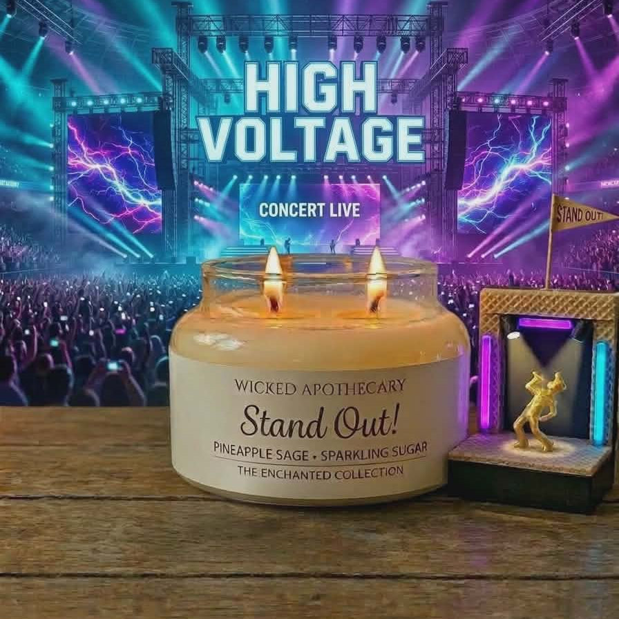 Candle labeled 'Stand Out!' by Wicked Apothecary on a wooden table with a concert backdrop.