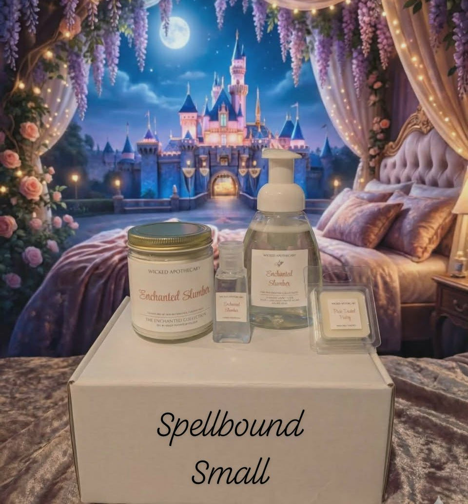 Decorative scene with 'Spellbound Small' products in front of a castle backdrop