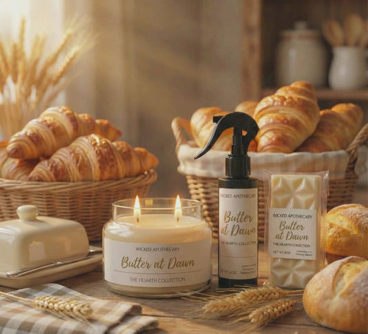 Butter at Dawn products including a candle, spray bottle, and packaging on a wooden table with bread and croissants.