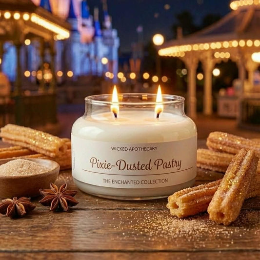 Candle labeled 'Pixie-Dusted Pastry' from Wicked Apothecary with Disney castle in the background