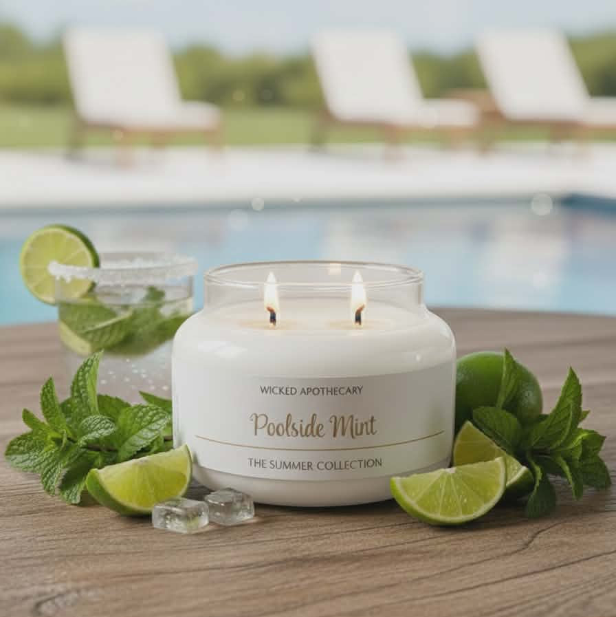Candle labeled 'Poolside Mint' from Wicked Apothecary on a wooden surface with pool and chairs in the background.