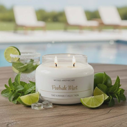 Candle labeled 'Poolside Mint' from Wicked Apothecary on a wooden surface with pool and chairs in the background.