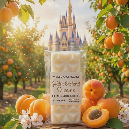 Wicked Apothecary Golden Orchard Dreams soap bar with apricots and flowers in an orchard setting.