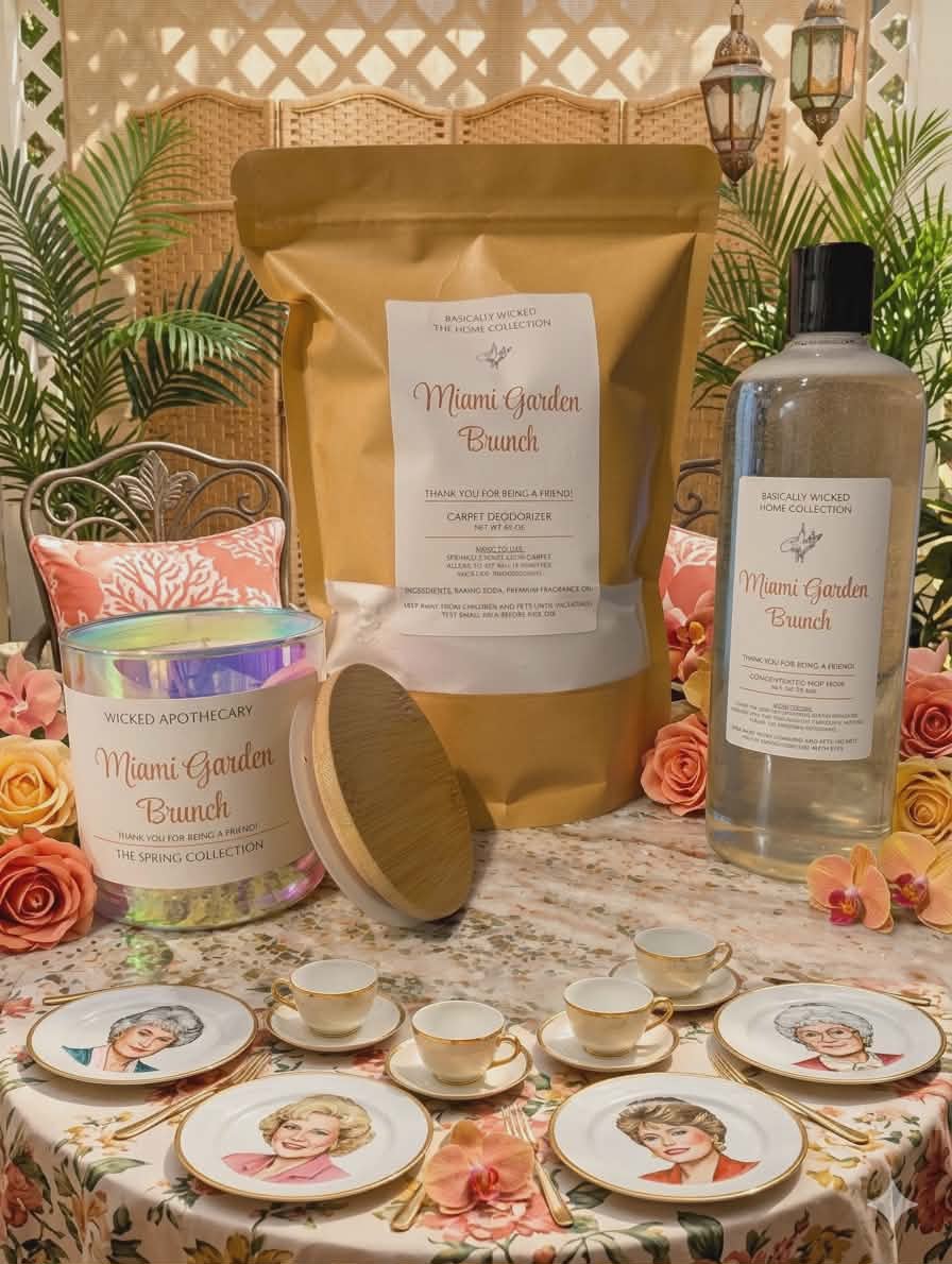 Miami Garden Bunch products including a bag, bottle, and decorative items on a table with a floral tablecloth.