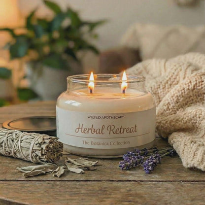 Candle labeled 'Herbal Retreat' on a wooden surface with plants and a blanket in the background