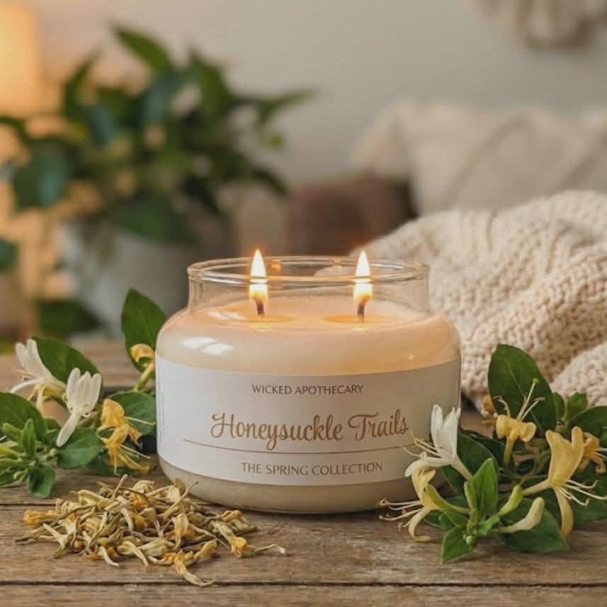 Candle with 'Wicked Apothecary' branding on a wooden surface with flowers and plants.