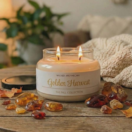 Candle labeled 'Golden Harvest' on a wooden table with decorative elements.