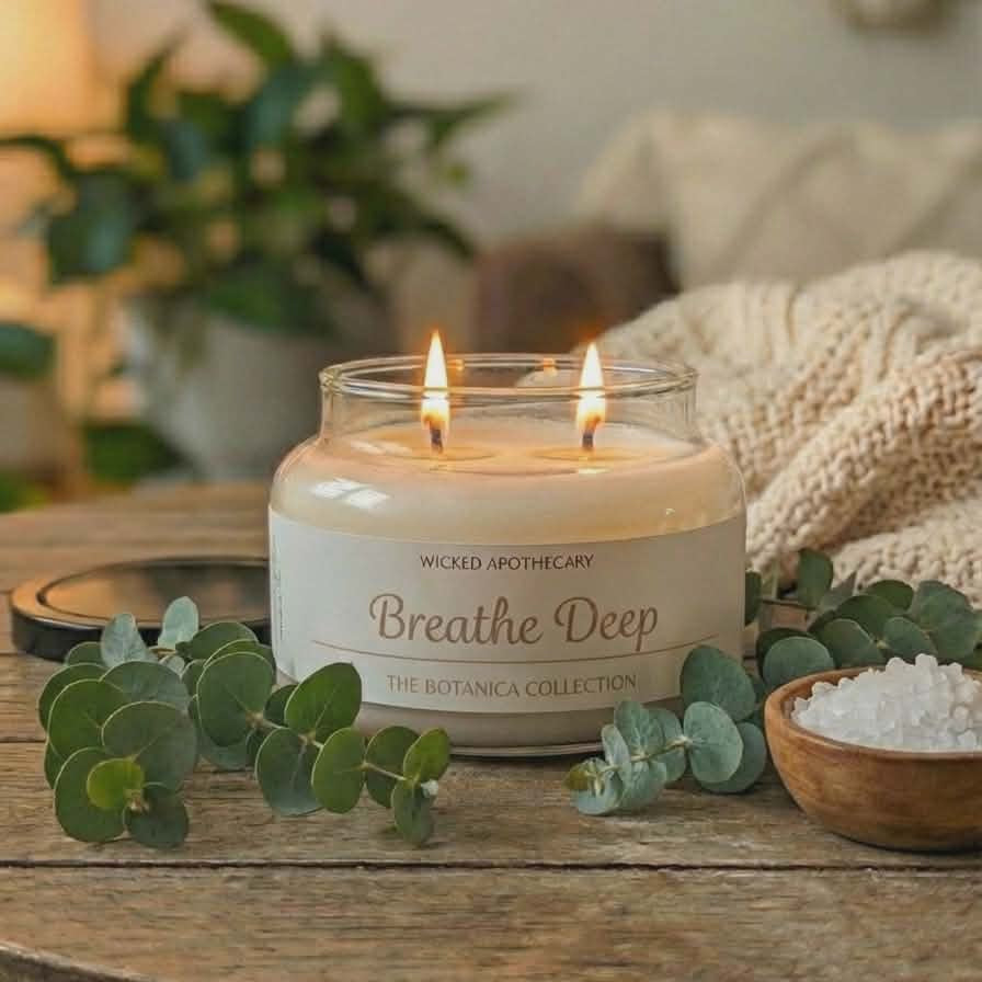 Candle in a jar labeled 'Breathe Deep' on a wooden table with eucalyptus leaves and a bowl of sea salt.