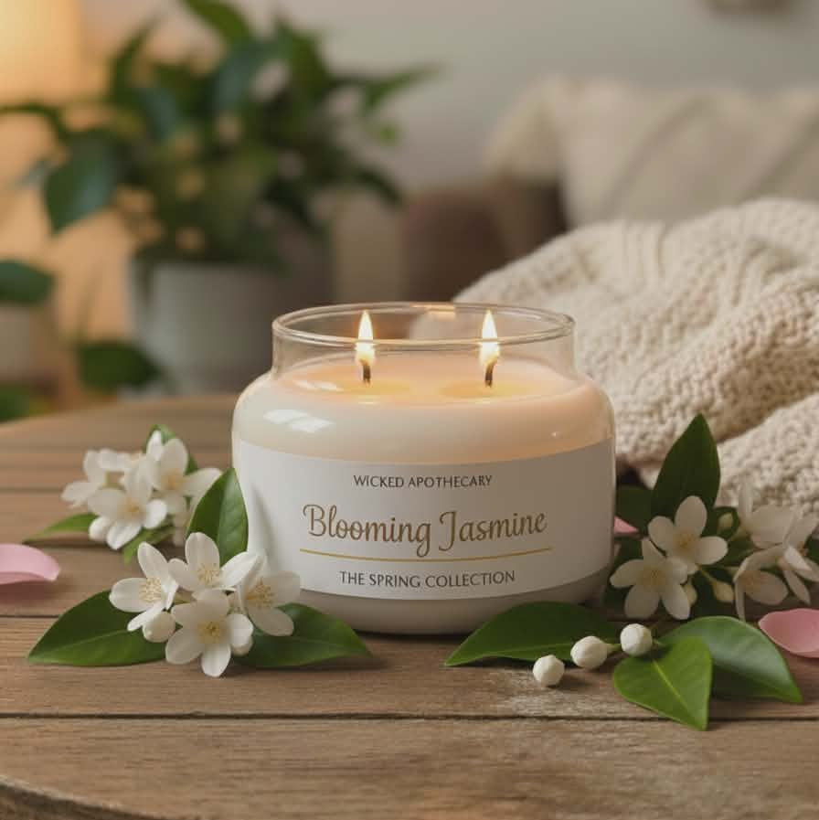 Wicked Apothecary Blooming Jasmine candle on a wooden surface with flowers and a blurred background