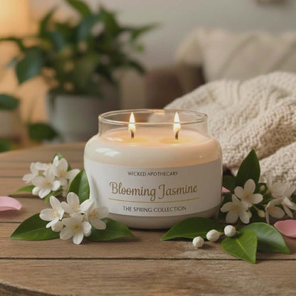 Wicked Apothecary Blooming Jasmine candle on a wooden surface with flowers and a blurred background