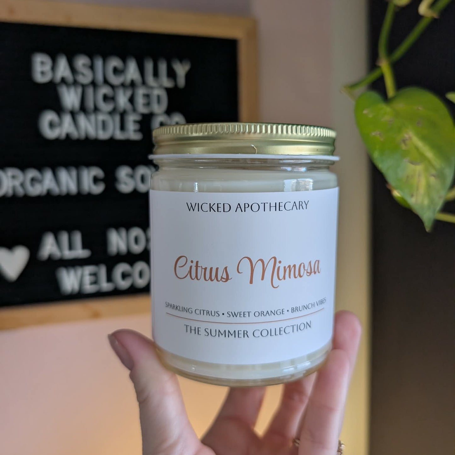 Hand holding a Wicked Apothecary Citrus Mimosa candle in front of a store sign.