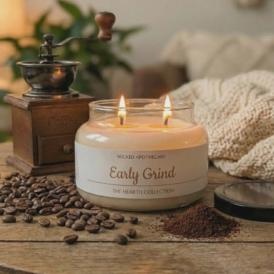 Candle labeled 'Early Grind' from Wicked Apothecary on a wooden table with coffee beans and a grinder.