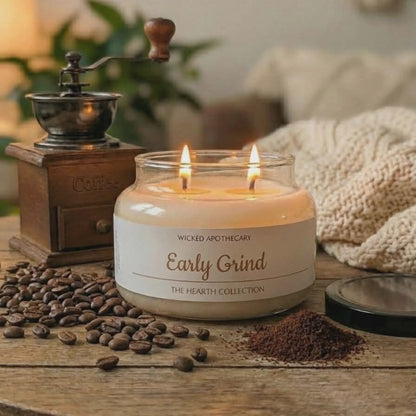 Candle labeled 'Early Grind' from Wicked Apothecary on a wooden table with coffee beans and a grinder.