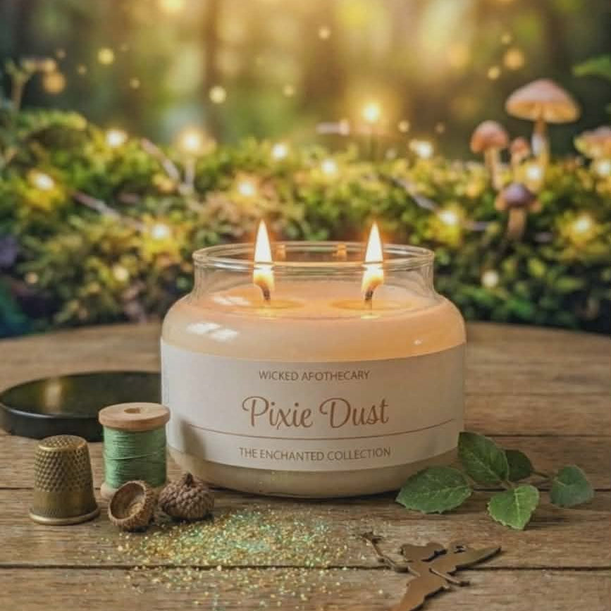 Candle labeled 'Pixie Dust' on a wooden surface with a forest background