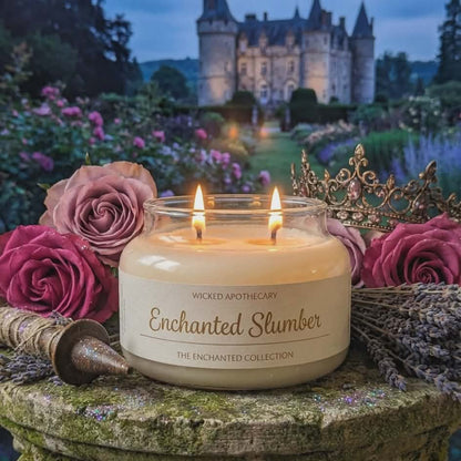 Candle labeled 'Enchanted Slumber' with roses and a castle in the background