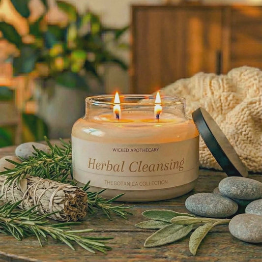Herbal Cleansing candle on a wooden table with plants and stones