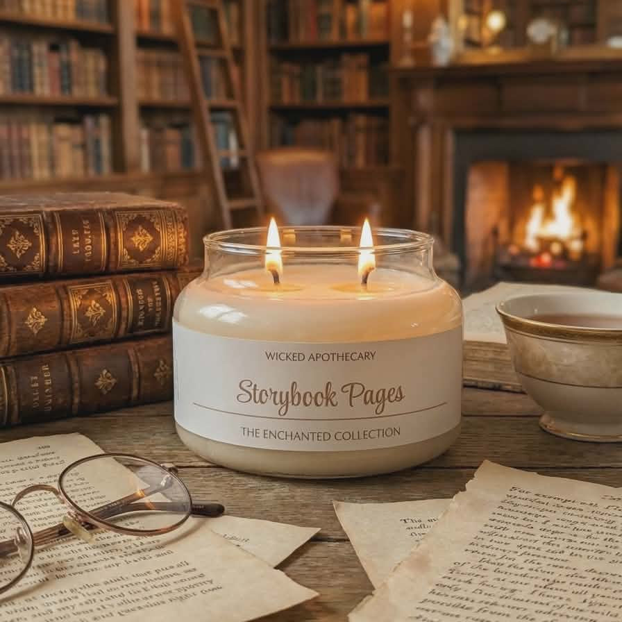 Candle labeled 'Storybook Pages' in a library setting with books and papers.