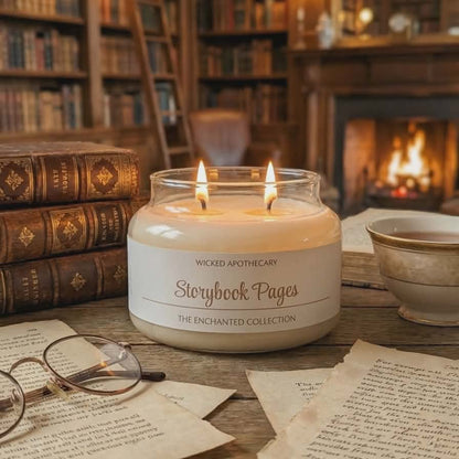 Candle labeled 'Storybook Pages' in a library setting with books and papers.