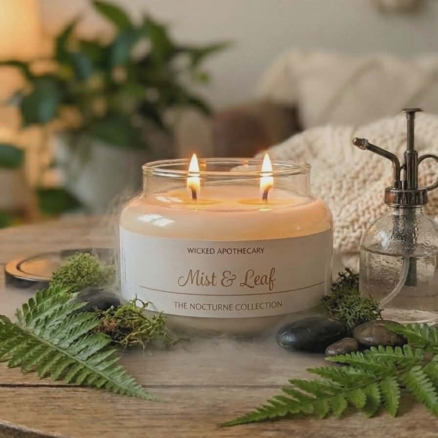 Candle labeled 'Wicked Apothecary Mist & Leaf' on a wooden table with decorative elements.