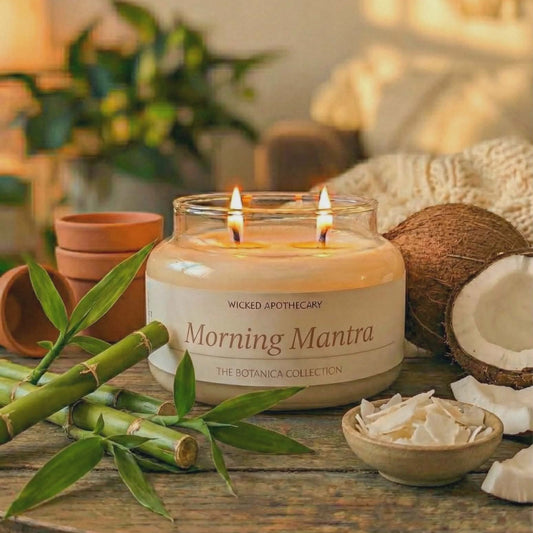 Candle labeled 'Morning Mantra' on a wooden table with plants and coconuts.