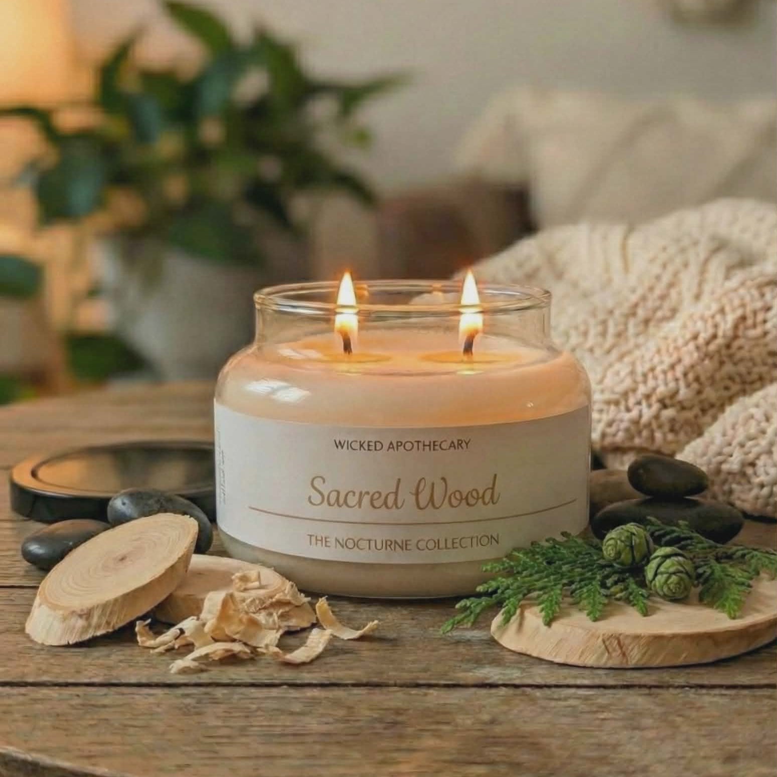Candle labeled 'Sacred Wood' from Wicked Apothecary on a wooden surface with decorative elements.