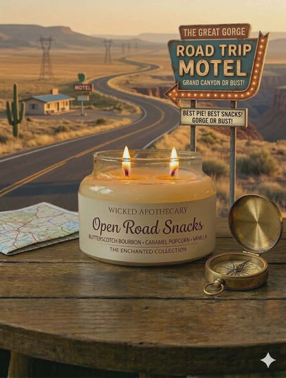 Candle labeled 'Open Road Snacks' on a table with a scenic road trip sign and map in the background.
