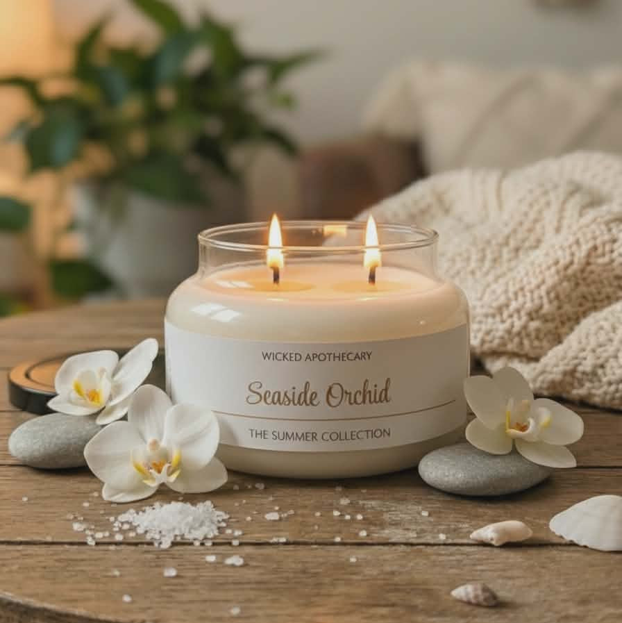 Candle with 'Seaside Orchid' fragrance on a wooden table with flowers and stones.