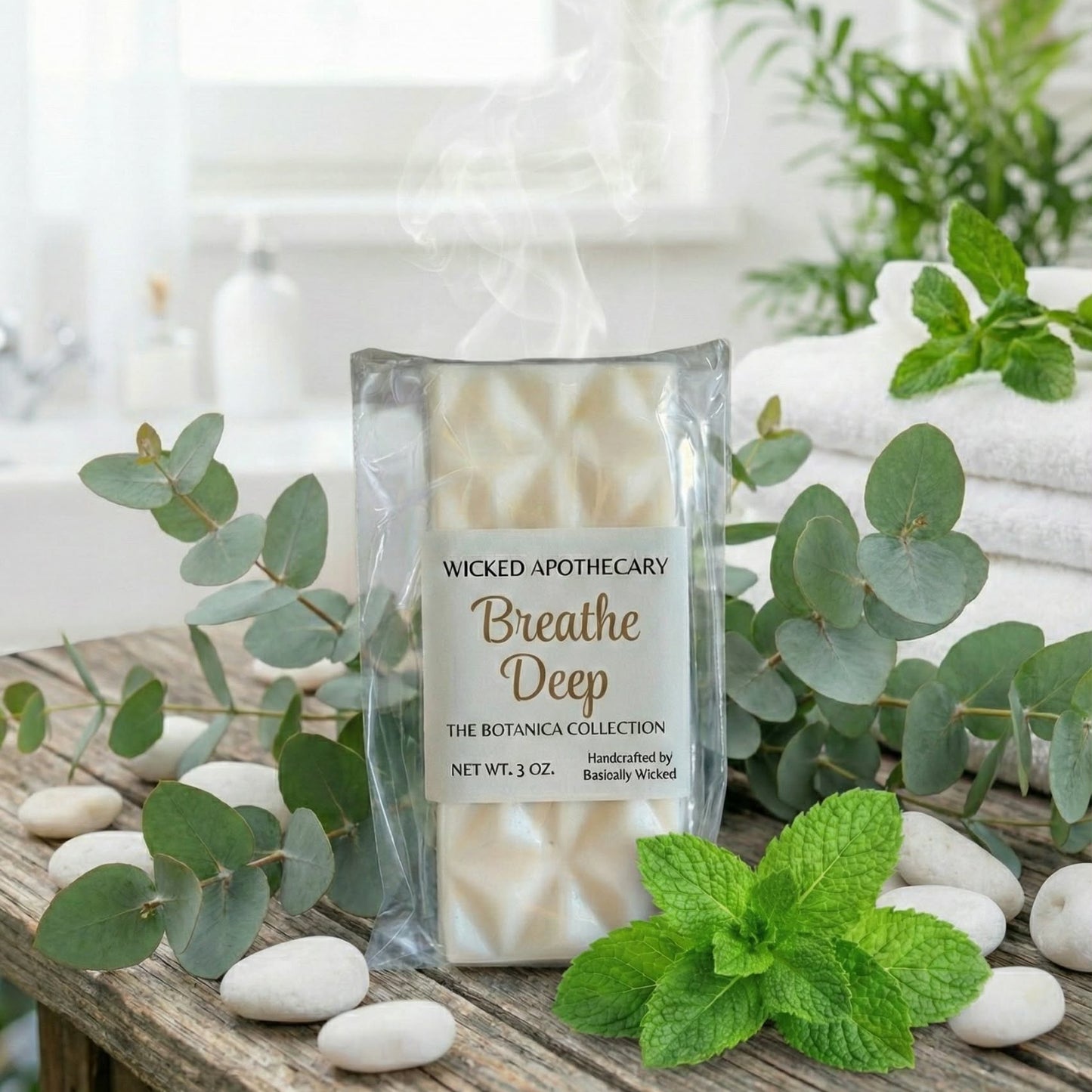 Wicked Apothecary 'Breathe Deep' candle on a wooden surface with greenery