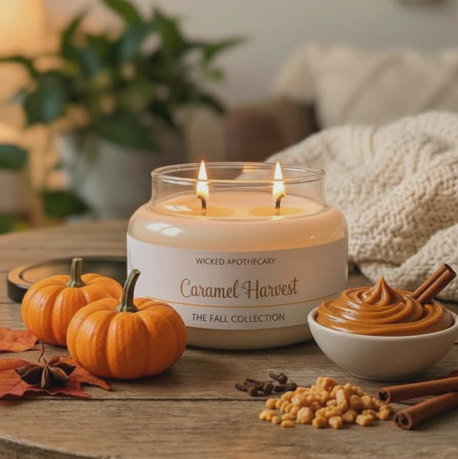 Candle labeled 'Caramel Harvest' on a table with pumpkins and autumn-themed decor.