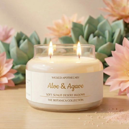 Candle labeled 'Aloe & Agave' with succulents and flowers in the background