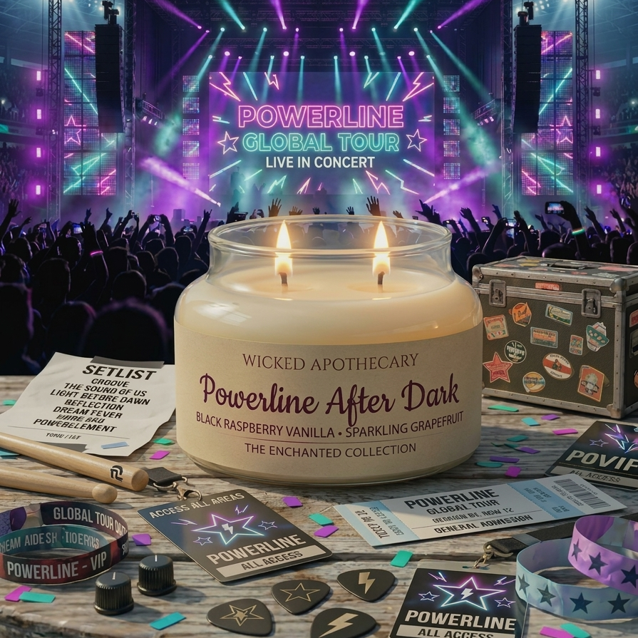 Candle with 'Powerline After Dark' branding on a table in front of a concert stage with 'Powerline Global Tour' signage.