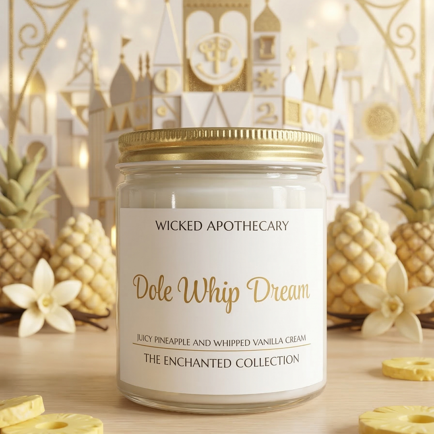 Candle jar labeled 'Pole Whip Dream' by Wicked Apothecary with decorative elements in the background.