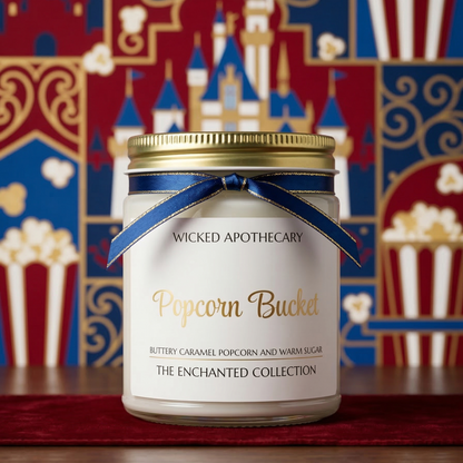Jar of popcorn bucket candle with Wicked Apothecary branding against a colorful castle background