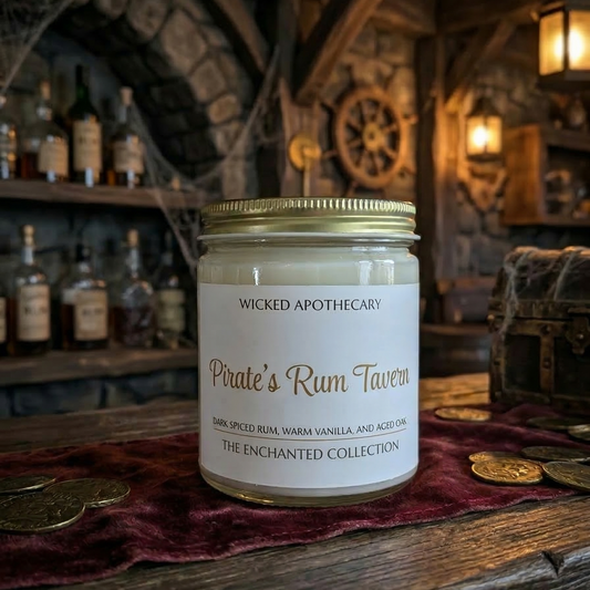 Candle labeled 'Pirate's Rum Tavern' from Wicked Apothecary on a wooden surface with a rustic background.