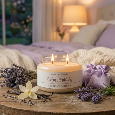 Candle labeled 'Velvet Lullaby' on a wooden surface with lavender and vanilla beans, in a bedroom setting.